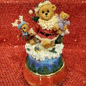 Vintage Musical Christmas Figurine featuring a Family of Teddy Bears